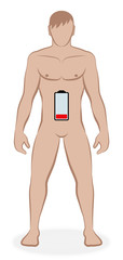 Male body with empty battery, symbolic for decreasing energy, health, fitness, power, vitality or virility. Isolated vector illustration on white background.

