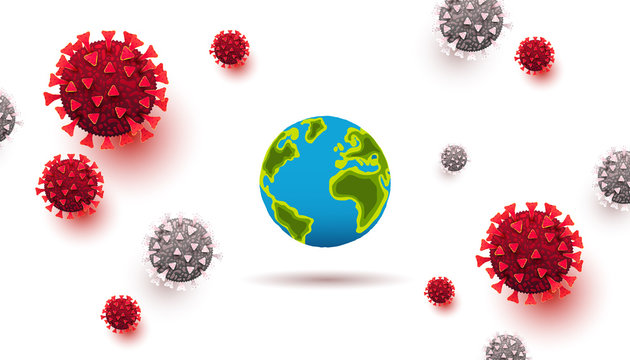 Corona Virus Or Covid 19 Concept. 3D Realistic Liquid Coronavirus Cells With World Map On A White Background.