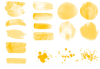 Abstract yellow watercolor blots, drops, smear and strokes brushes illustration. Beautiful set of watercolor brushes. Vector brushes for painting
