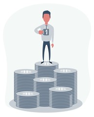 Cartoon male character with a mug of coffee on the top of a pile of money. Vector illustration.