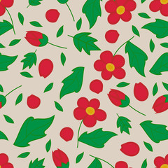 Romantic floral pattern of bright red flowers and buds.