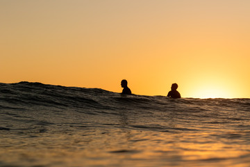 surfers waiting in the ocean for a wave at sunset