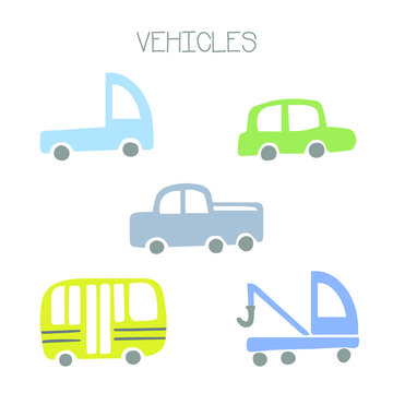 Collection of vehicles. Doodle Scandinavian style. White background. Vector illustration. 