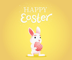 Happy Easter poster. Cute white Easter Bunny holds an egg. Rabbit hugs gently Easter chicken egg colored in red stripes. Happy Easter text design. Vector wallpaper or banner illustration.