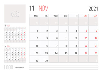 Calendar 2021 planner corporate template design November month