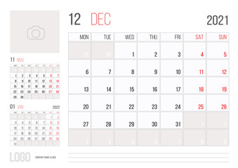 Calendar 2021 planner corporate template design December month