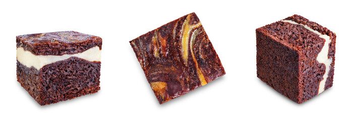 Chocolate cream cheese brownie cake on a white isolated background