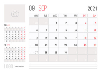 Calendar 2021 planner corporate template design September month
