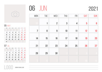 Calendar 2021 planner corporate template design June month