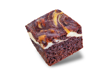 Chocolate cream cheese brownie cake on a white isolated background
