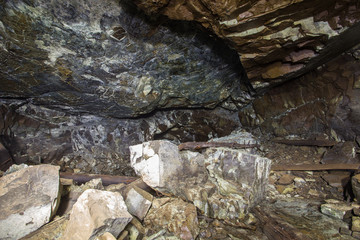 Underground abandoned platinum ore mine tunnel collapsed