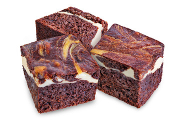 Chocolate cream cheese brownie cake on a white isolated background