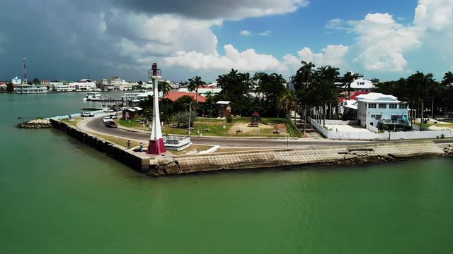 Aerial, Belize City Lighthouse on coast