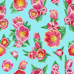 Seamless blooming tulips pattern in blue background
