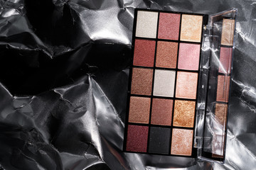 Color professional cosmetic palette on a dark background, close up