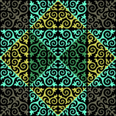 Kazakh ornaments. Seamless traditional carpet patterns of Kazakhs. Background, texture, design life of nomads. Ancient Turkic ornaments. Customs and traditions of Kazakhstan. Decorative art of nomads