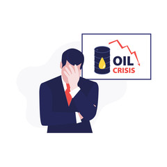 Vector illustration of man with palm on his face in suit and desk with down oil price statistics cause economic crisis and barrel of oil. Falling markets, drop bonds and stocks. Oil crisis