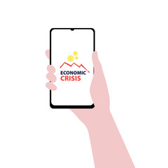 Vector illustration of hand with smartphone with falling down economic graph with dollar coins on screen. Economic depression, oil crisis, panic on markets, economic recession. Economic online news