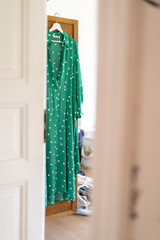 the green dress hangs on the wardrobe