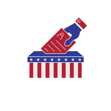 Hand putting voting ballot into vote box. Female candidate profile. The US presidential elections. Vector illustration