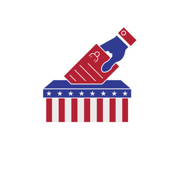 Hand putting voting ballot into vote box. Man's candidate profile. The US presidential elections. Vector illustration