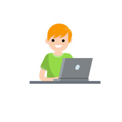 Man with laptop. Work at computer. Smiling happy man in green t-shirt. Study and education. Cartoon flat illustration. Student at school