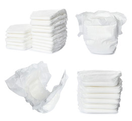 Set of baby diapers on white background - obrazy, fototapety, plakaty
