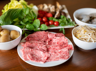 Japanese Wagyu beef and vegetables for hot pot Shabu Shabu