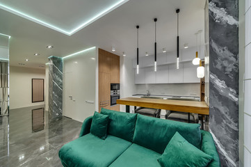 Interior design of a modern kitchen studio in a contemporary style