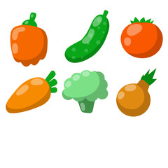 Set of vegetables. Harvest. Red, orange and green object. Cartoon flat illustration. Fresh natural village products. Tomato, pepper, onion, cucumber, broccoli, carrot