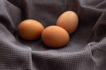 fresh rustic eggs on a background of gray material