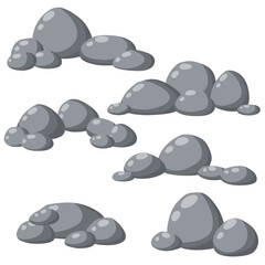 Element of nature, mountains, rocks, caves. Flat illustration. Minerals, boulder and cobble. Set of gray granite stones of different shapes.