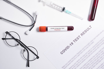 Coronavirus positive blood test result, rapid blood test for Coronavirus or Covid-19 pandemic.