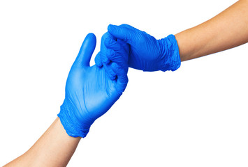 Handshake in a blue gloves, help concept.