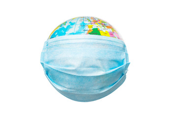 The World/Earth wears a medical mask to prevent the spread of the virus. Concept of fight against virus. World health day concept