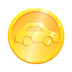 Car gold coin icon isolated on white background. Automobile metal logo for mobile app design. Travel Simple pictogram. Transport Graphic element for vector interface