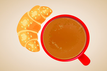 Red cup of coffee with milk and croissant