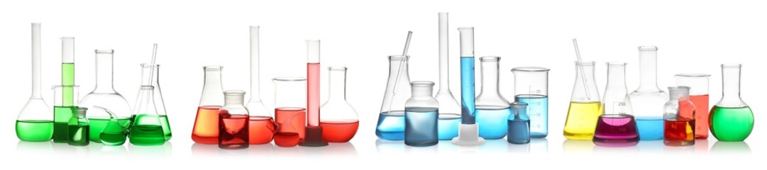 Set of laboratory glassware with colorful liquids on white background. Banner design