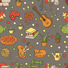 Seamless pattern with hand-drawn doodle home activities, hobbies. Slogan: Stay home