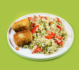 Plate of cooked rice with vegetables and fried fish on a pastel trendi background, Asian food