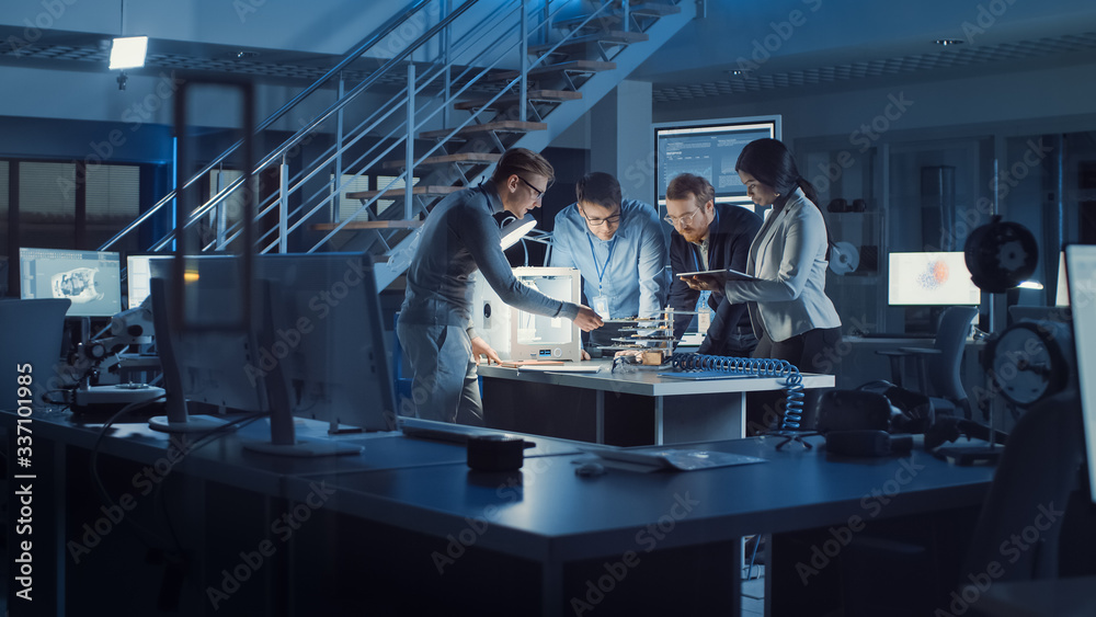 Poster Diverse Team of Electronics Development Engineers Standing at the Desk with 3D Printer and PCB Motherboards. Specialists Working on Ultra Modern Industrial Design, Using Advanced Technology