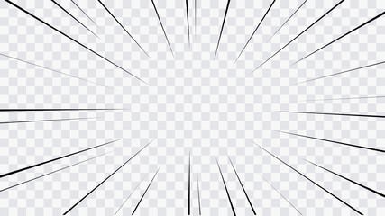 Abstract comic book flash explosion radial lines on transparent background. Vector illustration superhero design. Bright black light strip burst. Flash ray blast glow. Speed lines Manga frame. Anime - obrazy, fototapety, plakaty