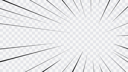 Abstract comic book flash explosion radial lines on transparent background. Vector illustration superhero design. Bright black light strip burst. Flash ray blast glow. Speed lines Manga frame. Anime