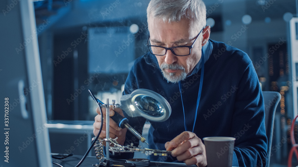 Aufkleber Electronics Maintenance Engineer Enters His Workshop with Coffee Beginss Soldering of Circuit Board, Looking through Magnifying Glass, Consults Personal Computer. Electronics Repair and Testing