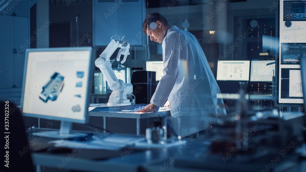 Poster Professional Heavy Industry Robotics Engineer Wearing White Coat Holding Tablet Computer Works in Laboratory. Facility Full of Computers, Various Industrial Design Components and with Robotic Arm