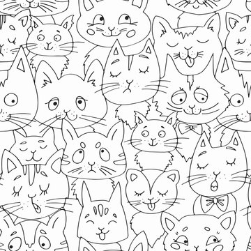 Pattern with cats, doodles, cat, pattern, black and white