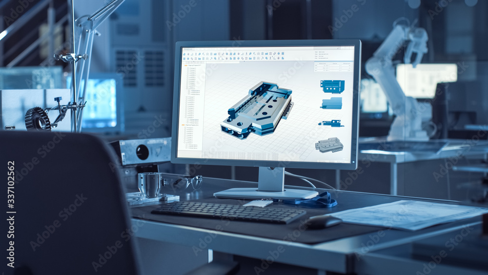 Poster  On the Desk Computer With CAD Software and Design of 3D Industrial Machinery Component. In the Background Robot Arm Concept Standing in Heavy the Dark.Industry Engineering Facility.