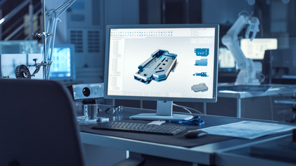  On the Desk Computer With CAD Software and Design of 3D Industrial Machinery Component. In the...