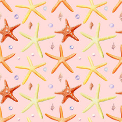 Watercolor starfish, shells, crabs, seahorse, seamless pattern on an isolated pink background