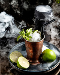 mojito cocktail garnished with mint and lime in copper glass